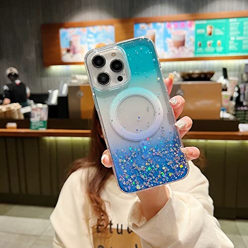 Coque à paillettes iPhone 14 Pro Max avec charge magnétique dégradé bleu