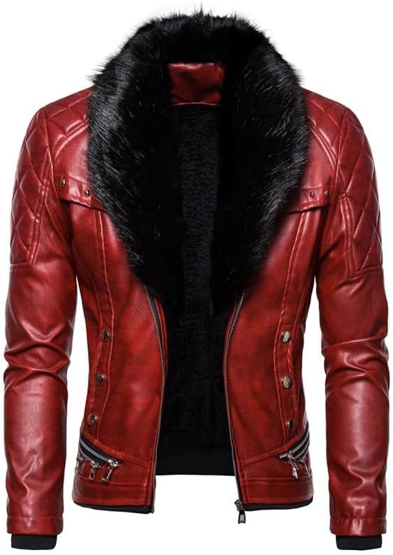 Men's Zipper Removable Fur Collar Jacket,Leather Vintage Steam Pocket Punk Gothic Retro Coat Biker PU Jackets