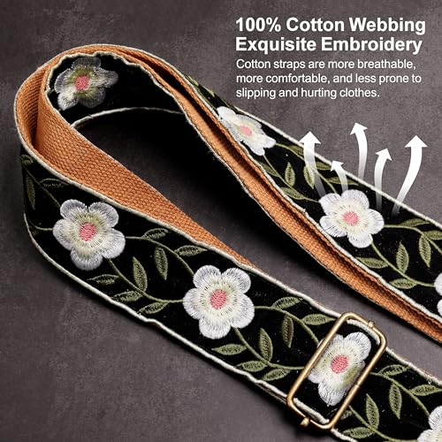 Image of Nefelibata Guitar Strap,Crazy Horse Leather Jacquard Embroidery Cotton Guitar Straps for Bass, Electric & Acoustic, Best Gifts for Guitarists(Retro White Petals)