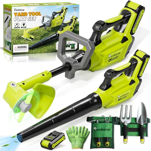 Pandapop 2 in 1 Outils Enfant, Débroussailleuse Enfant avec Lumière, Souffleur Feuille avec Son, Kit Jardinage avec Ceinture Et Gants, Jouet Enfant 3 Ans...