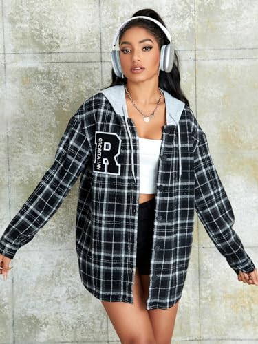 SweatyRocks Women's Long Sleeve Plaid Hoodie Jacket Button Down Blouse Tops3