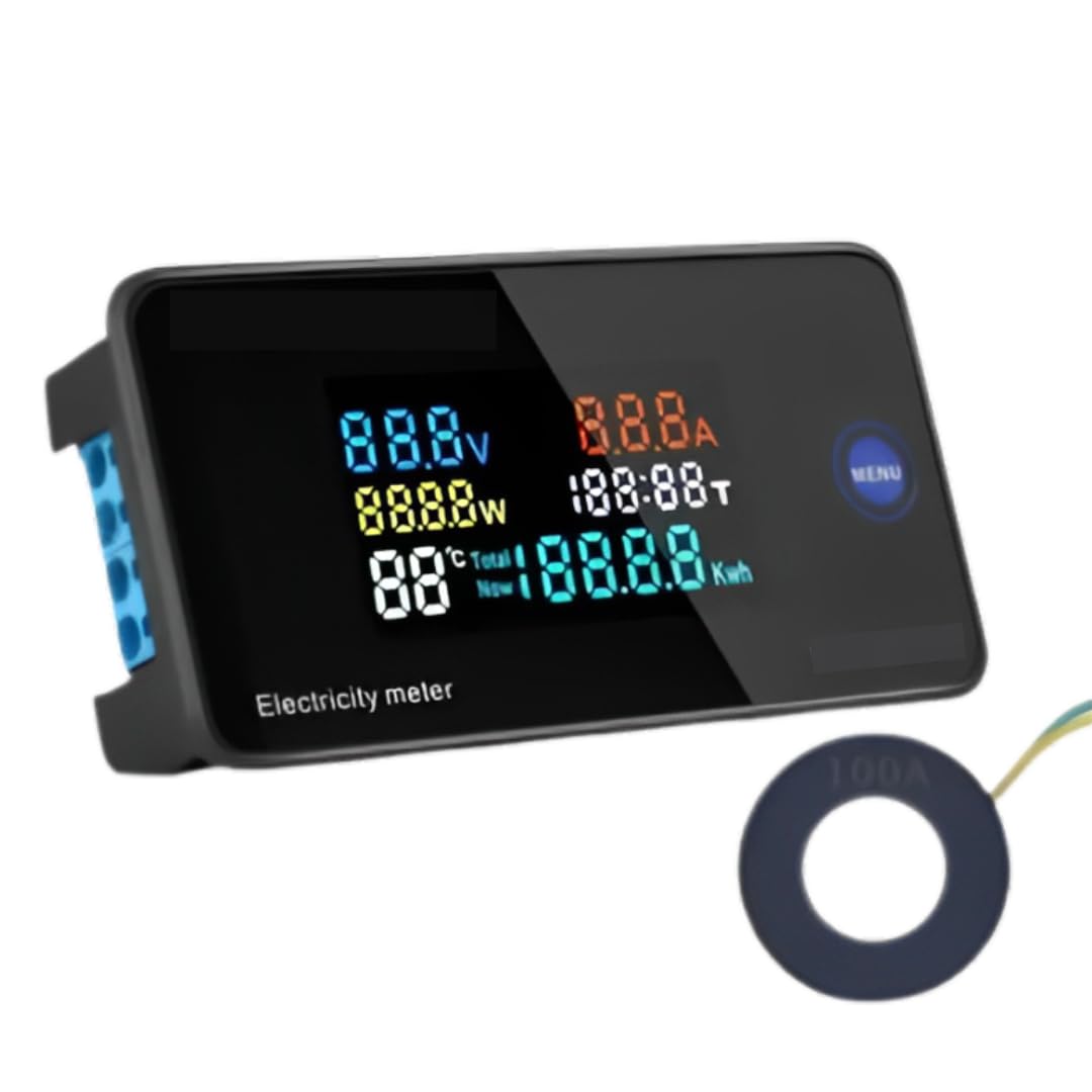 Quick Sense QS-EM02, 7-in-1 Digital Energy Meter | Current, Voltage & Power Monitoring with LCD Display | 50-300V AC, 100A Watt Meter for Active Power Factor & Energy Consumption Tracking