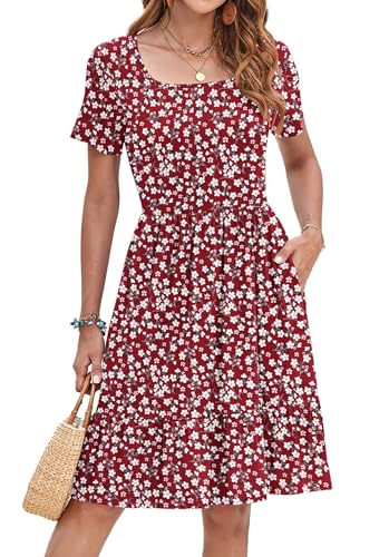 Image of AUSELILY Womens Summer Dresses 2025 Casual Short Sleeve Dress Square Neck A-Line Ruffle Sundress with Pockets