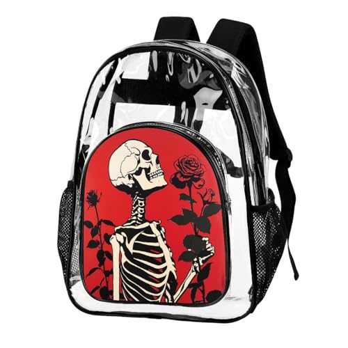 WCEECE Sac A Dos Transparent Pour Filles Ados Femme, CArtable Transparent Imperméable Avec Crâne et Rose, Sac À Dos Mode Loisir Pour Concert Scolaire Sport...