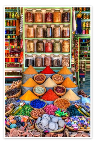 Gewürze auf einem Bazar in Marrakesch Poster von HADYPHOTO 20 x 30 cm Bunt Essen & Trinken Wanddeko