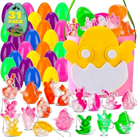 Easter Basket Stuffers,31Packs Prefilled Easter Eggs with Fidget Pop Keychain, Small Toys for Easter Egg Fillers Goodie Bag Stuffers, Classroom Prizes Toys Bulk for Egg Hunt Easter Gifts Party Favors Cover