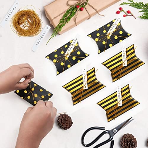 Belle Vous 50 Pack Gold & Black Paper Pillow Favour Boxes with Gift Tags & String - Vintage Kraft Style Polka Dot & Stripe Candy Treat Boxes for Wedding, Birthday Party, Christmas, Baby Shower