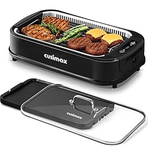 Indoor Grill, CUSIMAX Smokeless Grill Indoor, 1500W Electric Grill Griddle Korean BBQ Grill with LED Smart Display & Tempered Glass Lid, Non-stick Removable Grill Plate & Griddle Plate, Black