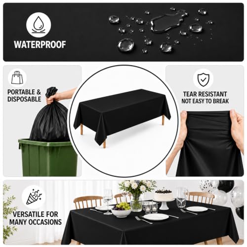 Image of WNINK 2 Pack Black Plastic Tablecloths, 54 x 108 Inch Disposable Covers