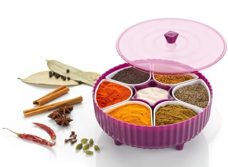 Masala box for Kitchen, 360° Revolving Eligant Spice Box, 7 Section Spices Storage Containers, Dabba Box Set (Pack of 1) (Pink)