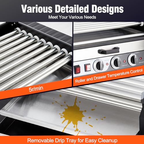 Hot Dog Roller, 9 Rollers 24 Hot Dogs Capacity 1650W Stainless Sausage Grill Cooker Machine with Removable Oil Drip Tray Dual Temp Control and Glass Hood Cover, Perfect for Commercial and Party