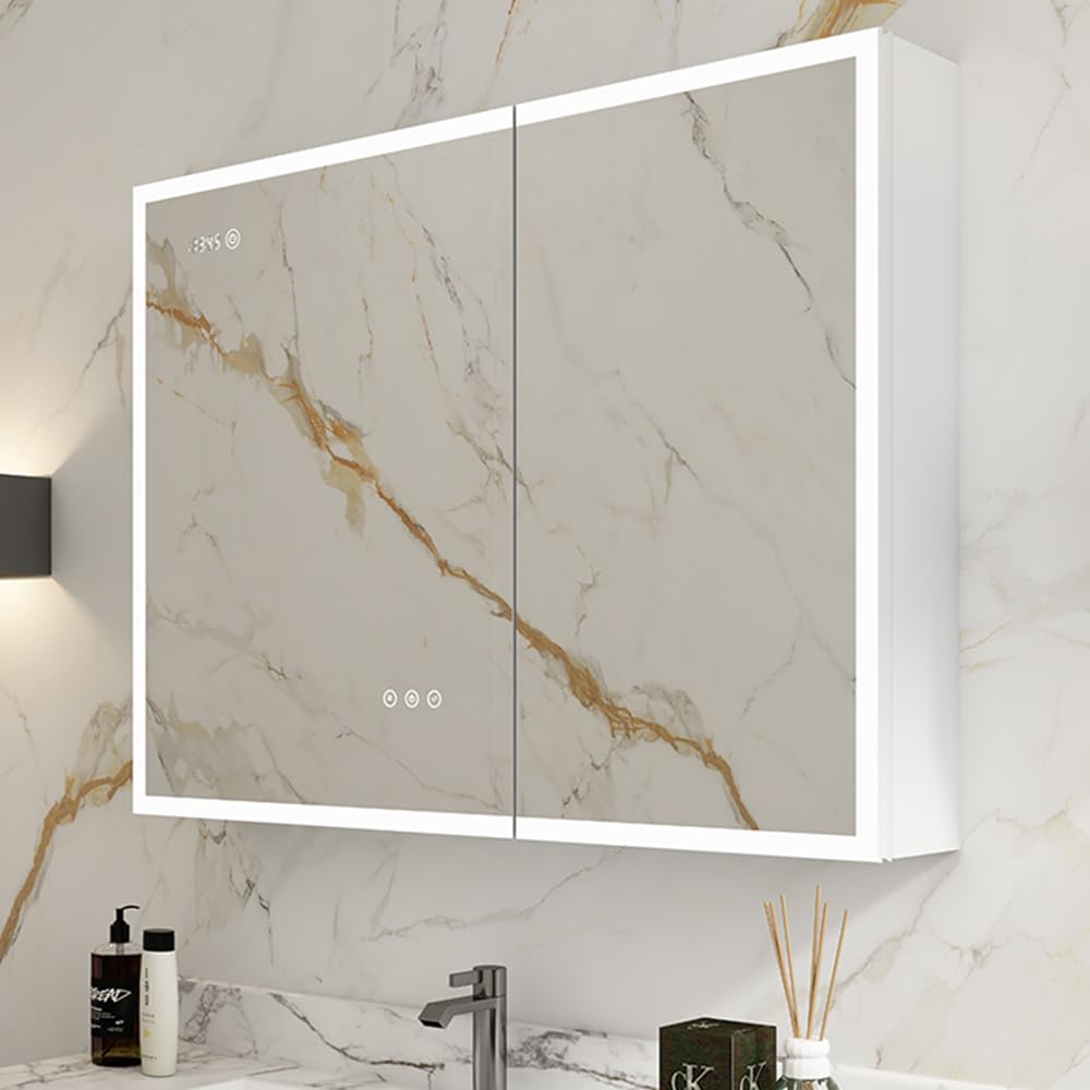 Elephmirr LED Medicine Cabinet Mirror with Lights & Outlet for Bathroom - Dimmable Anti-Fog, Built-in Digital Clock, Dual USB Charging Ports, Recessed/Surface Mount (36x30 Inch)