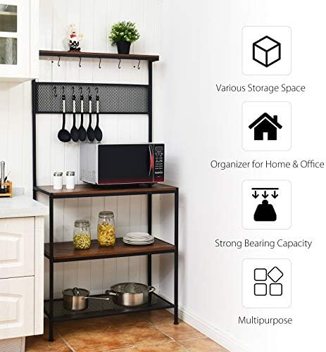 TANGZON Baker's Rack, 4-Tier Metal Frame Microwave Oven Stand Shelf with S-Hooks, Freestanding Utility Storage Rack for Kitchen Dining Living Room, 40x84x171cm