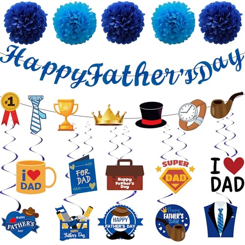 Father’s Day Party Decorations – 27PCS Set with 10 Hanging Swirls & Cutouts, 2 Banners, 5 Blue Tissue Pom Poms – Happy Father’s Day Supplies for Dad’s Party