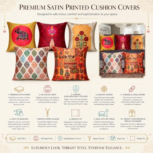 Image of Decorative Satin Sofa Cushion Covers Set of 5, 16 x 16 Inches, Multicolor Floral Printed Pillow Covers for Living Room, Bedroom, Couch & Sofa, Soft Glossy Fabric, Zipper Closure