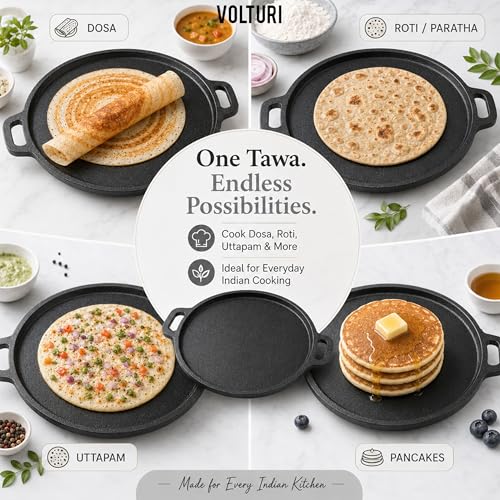 Image of VOLTURI Cast Iron Tawa for Roti and Dosa (30 CM), Dosa Tawa Naturally Non Stick Dosa Pan, Pre-Seasoned Tawa, Induction Friendly, Cast Iron, Cookware, No Chemical Coating 100% Pure & Toxin-Free