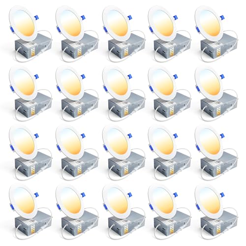 Ensenior 20 Pack 4 Inch LED Recessed Light Dimmable 2700K-5000K 5CCT 750LM High Brightness 9W 120V Damp Rated ERL-9X-ETL Ultra-Thin Canless Wafer Light - ETL & FCC & IC