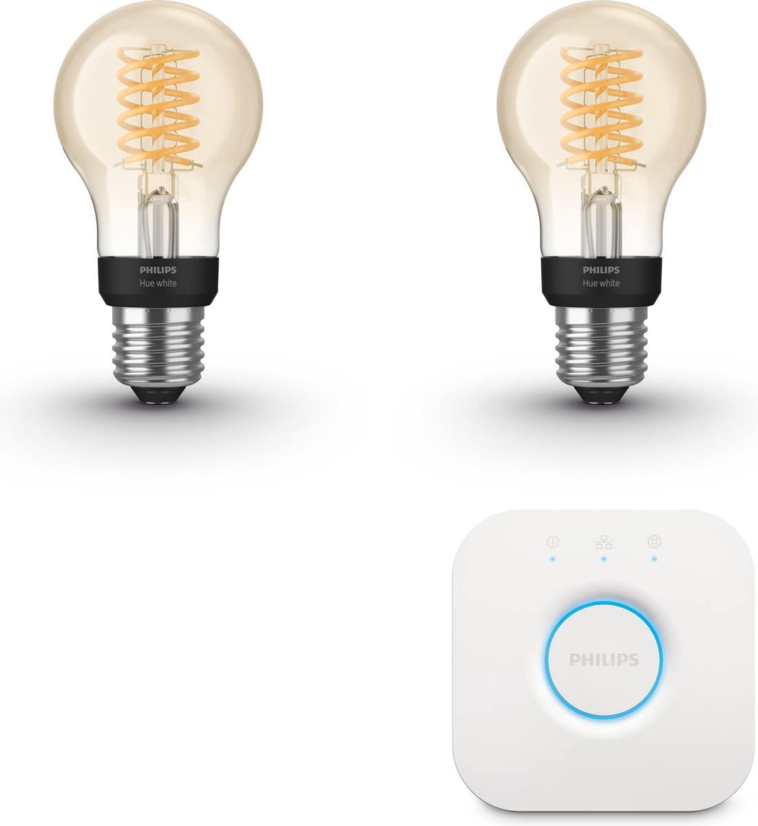 Philips Hue Starter Pack - E27-2 Bombillas LED Filamento Estándar (A60) - Luz blanca cálida - incl. Hue Bridge - Hue White Filament