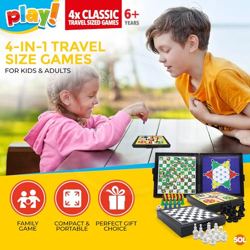 SOL 4-in-1 Travel Size Games for Kids & Adults with Snakes & Ladders, Chess, Flying Chess & Checkers, Mini Magnetic Board, Pocket-Sized for Kids 8-12, Small Compendium for Travel and Plane Activities - Image 4