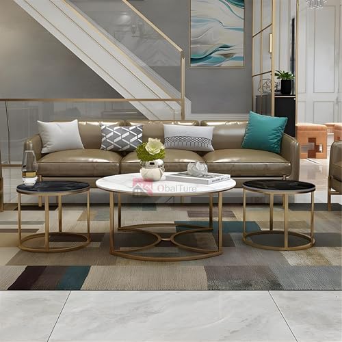 Image of 3 Piece Living Room Table Set, 1 White Center Table and 2 Black End Nesting Tables Round Stacking Coffee Side Table for Small Space, Nightstand Bedside Table for Restaurent and Hotels