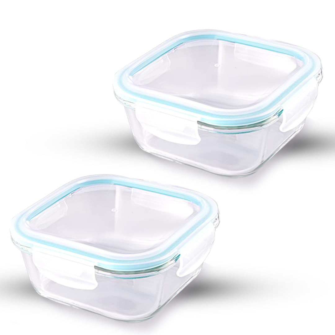 ATTRO Glassox Classic Square Lunch Box With Locking Lid Borosilicate Glass Lunch Box Fridge Organizer Food Storage Container Microwave & Freezer Safe Set Of 2 (310 ML),Transparent