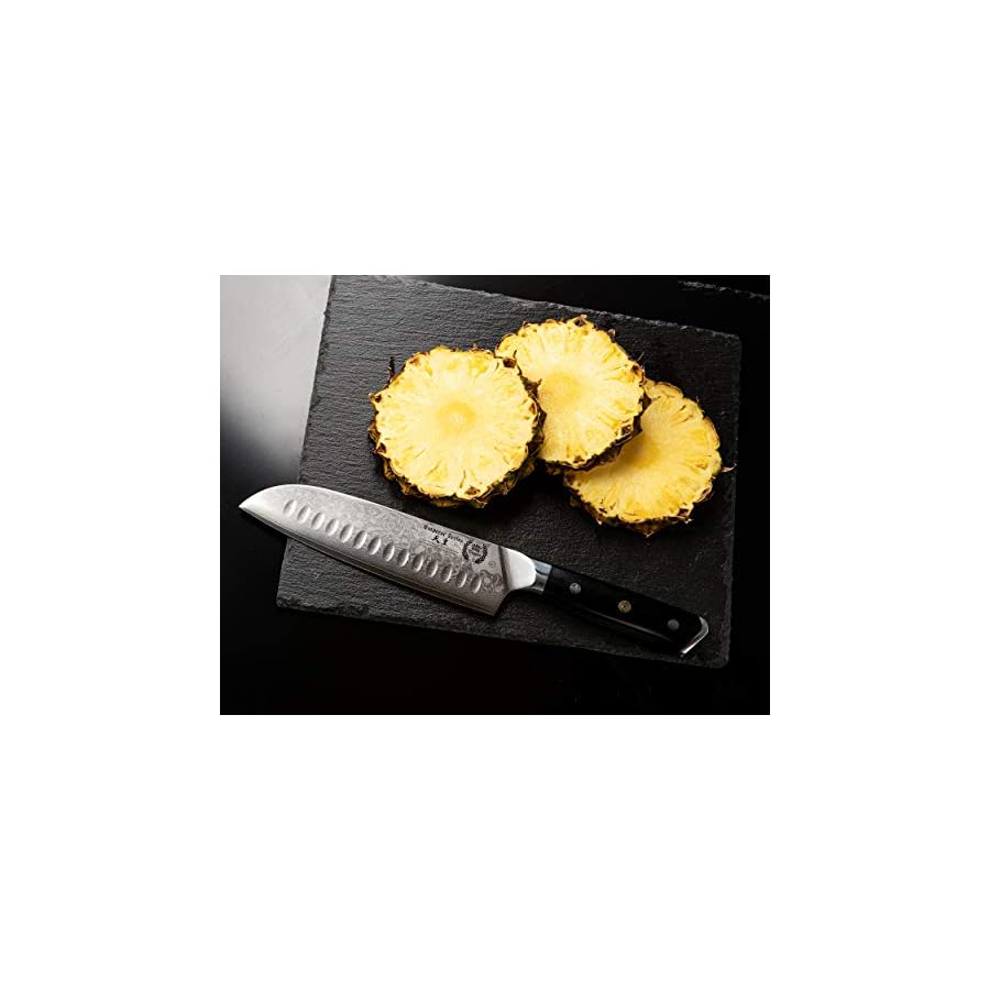 Santoku chef Knife 7 inch: Best professional scalloped hollow (granton) edge Japanese AUS-10 67 layer Damascus steel ultra sharp blade w/G-10 Ergonomic handle by the Regalia Knives