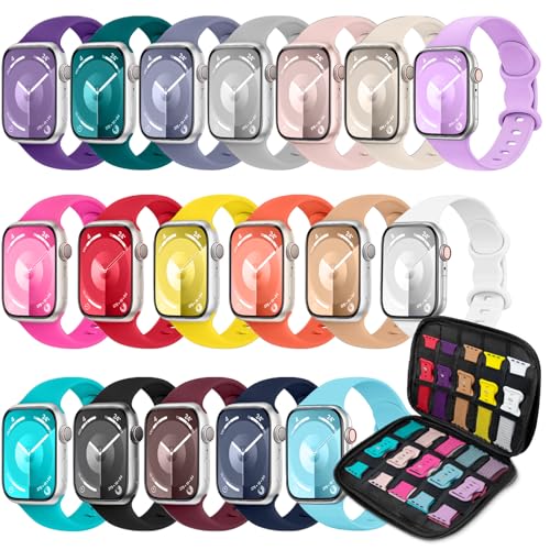 18 Pack Sport Band Compatible with Apple Watch Bands 45mm 44mm 46mm 42mm 49mm for Women Men, Soft Silicone iWatch band with Watch Band Storage Case for iWatch SE Series 10 9 8 7 6 5 4 3 2 Ultra
