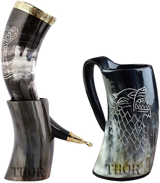 Medieval Viking Style Drinking Thor Horn Mug with Wolf Horn Beer Tankard | Gift | Large Horn Rustic Vintage Home Decor Gifts