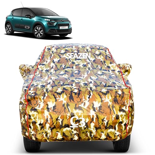 Image of SEAZEN Waterproof Car Cover for Citroen C3 | All Weather Car Body Cover Ultra Protection | Dust Proof, UV, & Scratch Resistant | Triple Stitched | Elastic & Belt Fit | Mirror & Antenna Pocket
