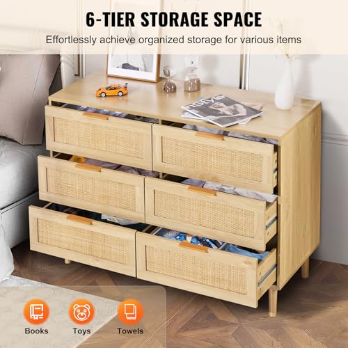 VEVOR 6 Drawer Rattan Dresser, Boho Dresser, Rattan Chest of Drawers with Spacious Storage, Natural Rattan Dresser for Bedroom, Living Room & Hallway,Rattan Nightstand with Sturdy Handles&Legs, Brown - Image 4