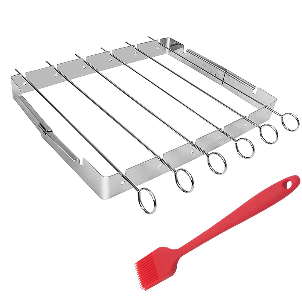 Tecreo Stainless steel barbecue skewer shish kabob set, 6 pieces, 34 cm skewer rods with foldable large cooking grate, prevents Kabobs from sticking to the grill grate, staying barbecue accessories