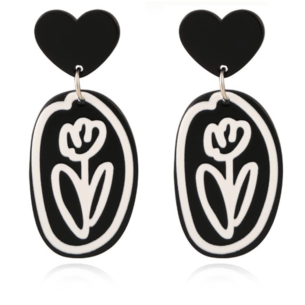 MIGUO STORE Unique Acrylic Geometric Black White Contrast Flower Love Stud Earrings Punk Exaggerated Personality flower Drop Dangle Earrings For Women