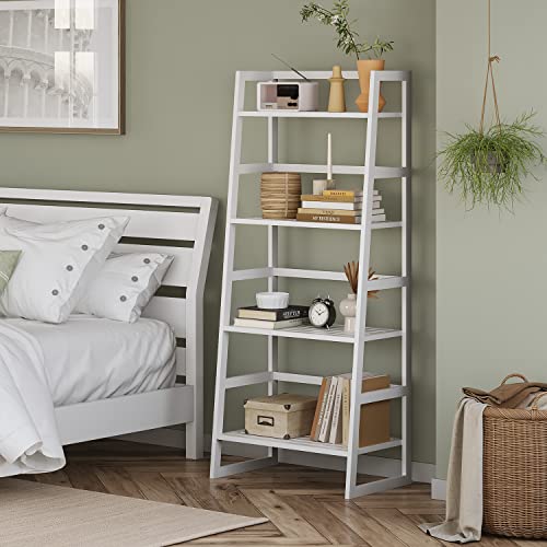 Linstock White Bookshelf, 4-Tier Bamboo Bookcase Ladder Bookshelf Organizer, Storage Rack, Bookcases & Tall Ladder Shelf-Bamboo Frame For Bedroom, Living Room, Kitchen, Bathroom, Easy Assembly(White) #TOP1