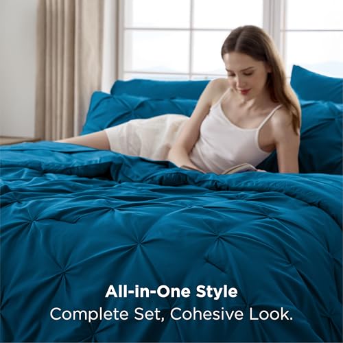 Image of Bedsure Twin Comforter Set Teal - Bed in a Bag Twin Size Bedding 5 Pieces, GentleSoft Pintuck Bed Set Gift for Family, All Season Down Alternative Comforter with Sheets, Pillowcase & Sham