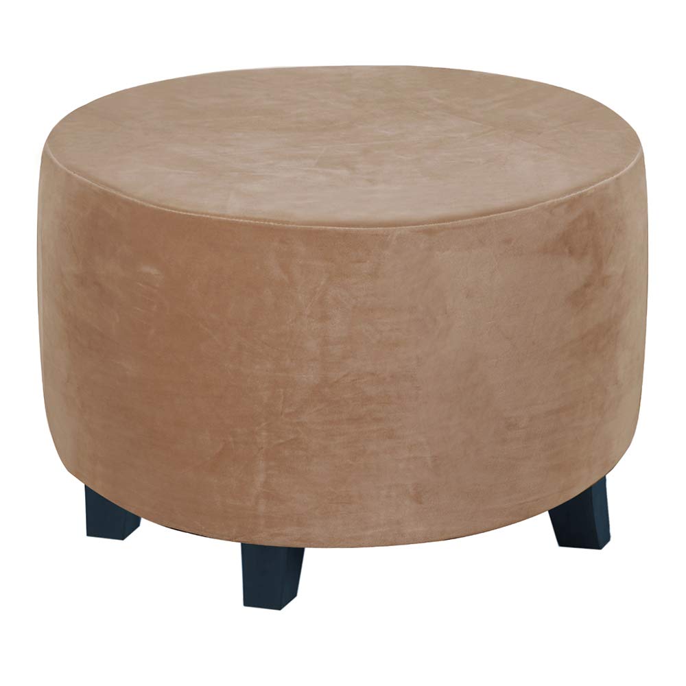 Highdi Ottoman Cover Round, Stretch Luxury Velvet Footstool Slipcover, Solid Color Stool Protector Cover with Elastic Bottom, Dustproof Removable Washable Footrest Pouffe Covers (Light camel,S)