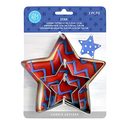 R&M 3-Piece Nested Star Cookie Cutter Set, Star Cookie Cutter, 4.5', 2.75' And Mini 1.5', Silver