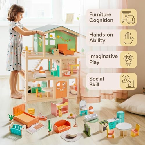 image for Giant bean 26 Pcs Large Wooden Dollhouse Furniture 5 Set for Kitchen, 