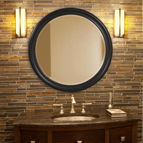 Image of Howard Elliott Collection George Round Glossy Black Wall Mirror, Bevelled Vintage Hanging Wood Framed Vanity Mirrors for Home Decor, Living Room, Bathroom, Bedroom, or Hallway, 36 Inch Round