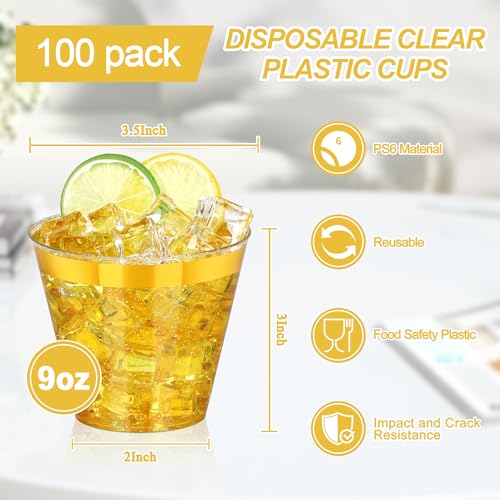 Image of 100 Pcs 9oz Glitter Gold Plastic Cups,9Oz Gold Rimmed Plastic Cups With Glitter Golden,Heavy Duty Clear Disposable Plasitc Cocktail Tumblers Wine Cup for Party,Wedding,Birthday,Holiday