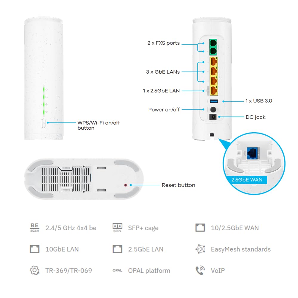 Zyxel Bezprzewodowa bramka VoIP | BE7200 2.5G Dual-Band Ethernet | zdalne zarządzanie TR-069/TR-369 | MLO, MPro Mesh, Zero-Wait DFS | EE3301-00