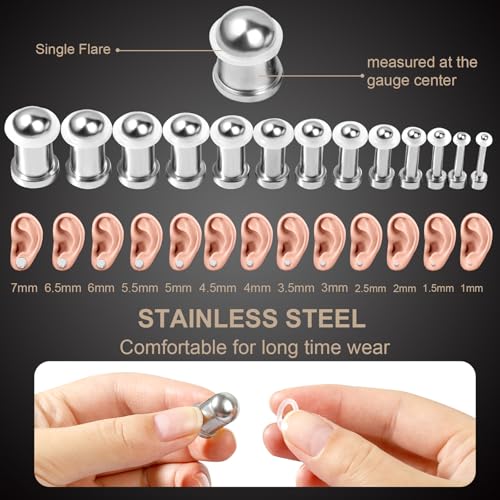 20-26Pcs Ear Stretching Kit 1-7mm/7.5-12mm Plugs for Ears Gauges with O-Rings Stainless Steel Gauge Stretching Kit with Aftercare Jojoba Oil Ear Expander Body Piercing Jewelry for Women Men2