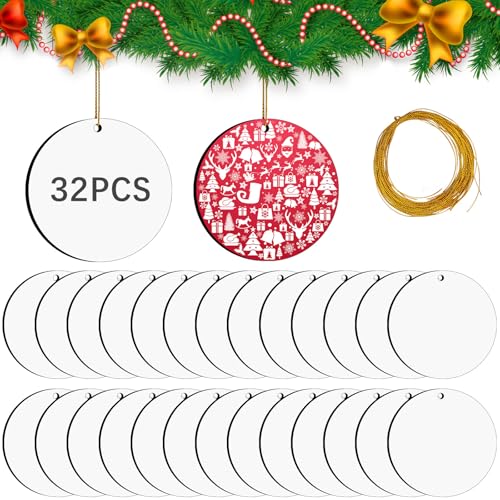 32 Pcs Round Sublimation Ornament Blanks, MDF Double Sided Sublimation Christmas Ornaments Blanks for Christmas Tree Decor DIY Crafts