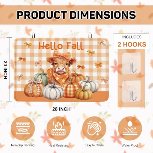 Image of Hello Fall Highland Cow Stove Top Cover for Electric Stove 28 inch x 20 inch, Pumpkin Glass Cooktop Protector, Non-Slip Rubber Glass Top Stove Cover, Farmhouse Thanksgiving Kitchen Decor