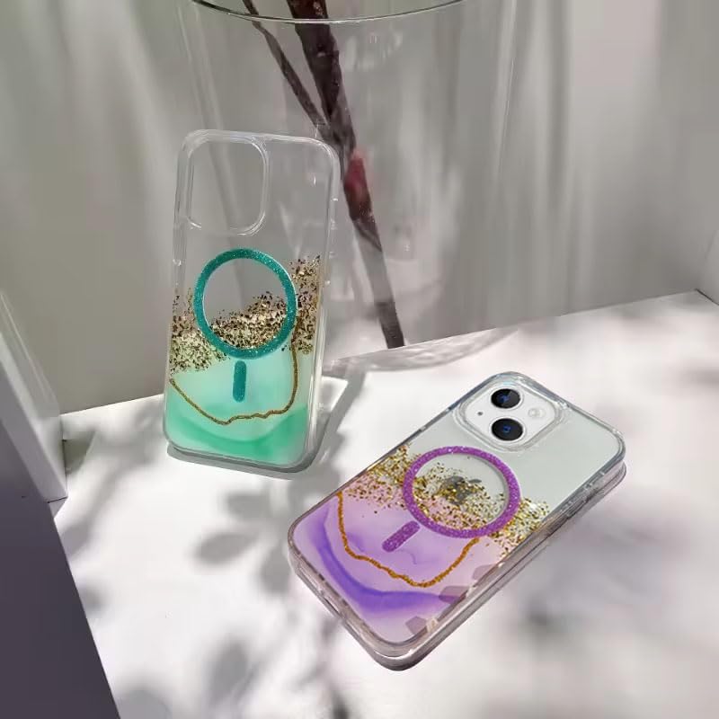Image of mobistyle Compatible with iPhone 15 | Magentic Glitter Gradian Elegant | Camera Lens Protection Back Cover Case for Women Girls iPhone 15 (Purple)