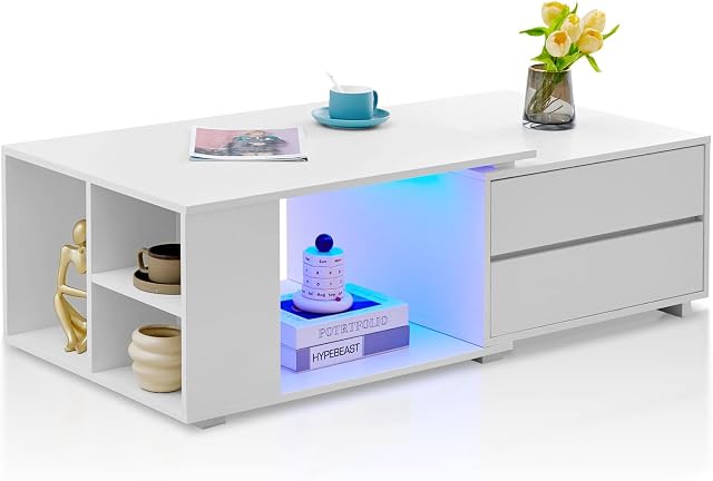 TUKAILAi White Extendable Coffee Table with Led Lights, Coffee Table with Storage, 4 Drawers, 1 Large Storage Shelf & 3 Open Side Compartments Rectangle Wood Sofa Side Table Living Room Furniture