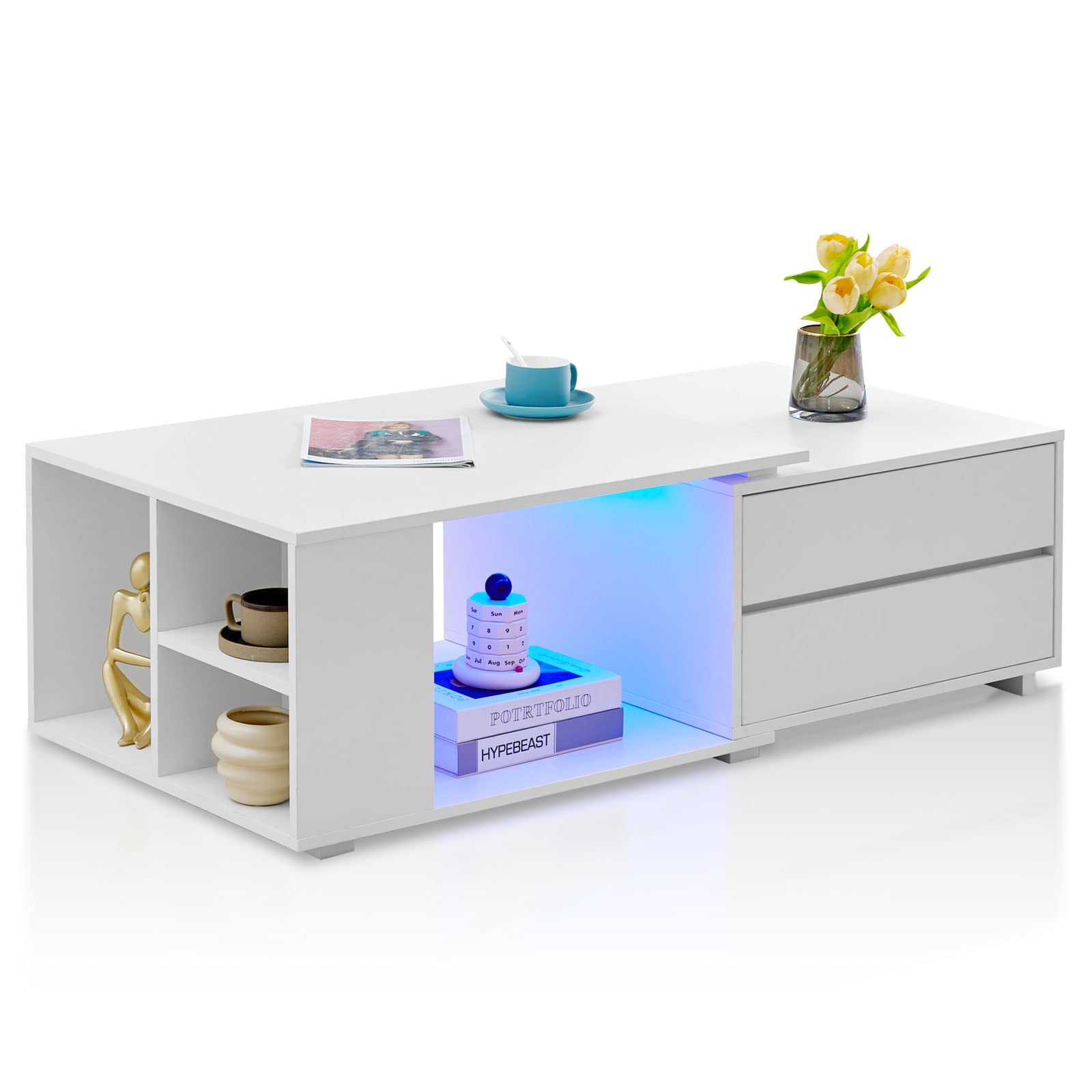 TUKAILAI Weißer Ausziehbarer Couchtisch mit LED-Lichtern, Couchtisch mit Stauraum, 4 Schubladen, großes Aufbewahrungsregal Holzsofa, Moderner Holztisch, Wohnzimmer Kaffeetisch