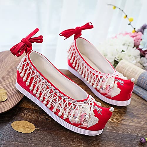 Women Cotton Fabric Embroidered Flat Platforms with Pearls Pendants Vintage Chinese Style Red Wedding Bridal Shoes (Color : Red, Size : 9 Code) (Red 6 Code)2