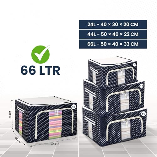 Image of 66 LTR Foldable Steel Frame Cloths Zip Organizer Bag and Oxford Fabric Storage Living Cover Boxes For Wardrobe Shelves Clothes, Sarees, Bed Sheet, Blanket (3-PACK)