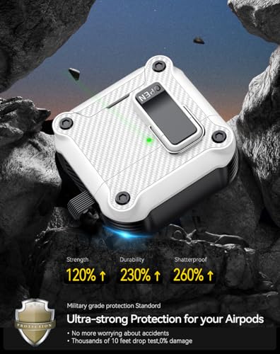 Image of Pohgelan for AirPods 4 Case with Safety Lock-White | Carbon Fiber Texture Cover,Magnetic Automatic Lock with Cleaning Kit&Keychain,Compatible with Magsafe