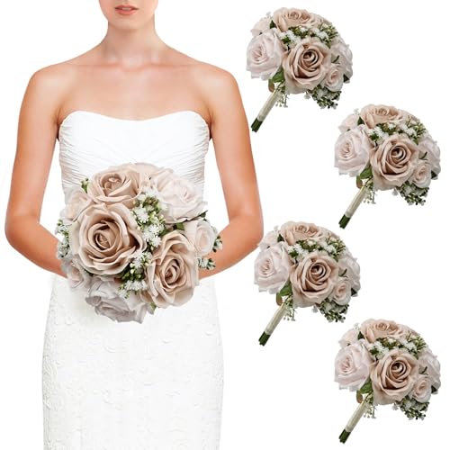 DIYDOFUN Wedding Bridesmaid Bouquets Set of 4, Artificial Silk Flowers Arrangement for Ceremony Marriage Proposal Party Anniversary Decorations - Nude